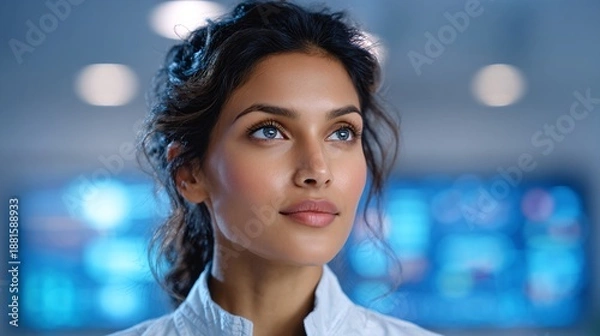 Obraz Confident Female Engineer in Modern Technology Setting with Focused Expression