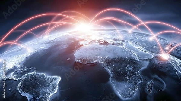 Obraz connection scene with abstract world map and flowing network lines