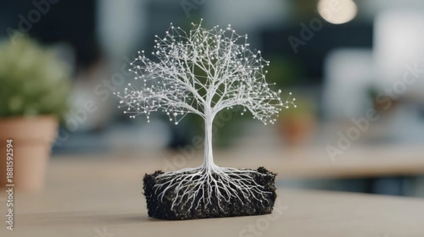 Obraz metaphor featuring a digital tree growing from data roots inside a modern office