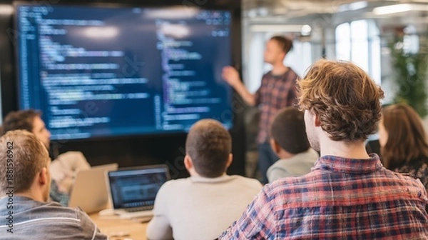 Fototapeta A programmer is presenting his findings in class
