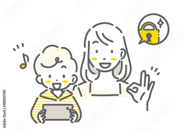 Obraz スマホを使う子どもを安心して見守るお母さん　シンプルでお洒落な線画イラスト