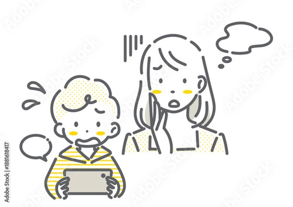 Obraz スマホを使う子どもを心配するお母さん　シンプルでお洒落な線画イラスト