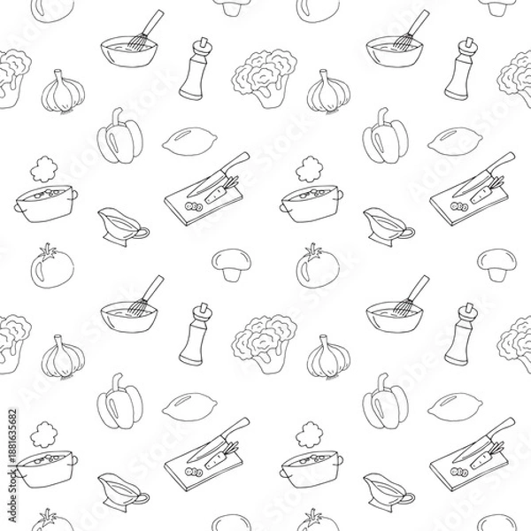 Obraz Hand Drawn Cooking Process Seamless Pattern with Kitchen Utensils and Ingredients