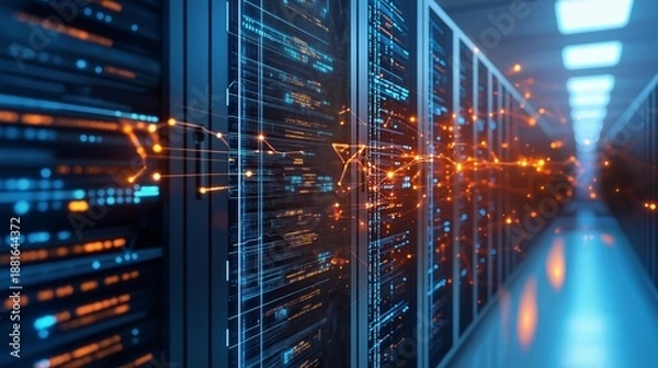 Fototapeta Server racks with glowing digital data flow. Big data network processing and storage