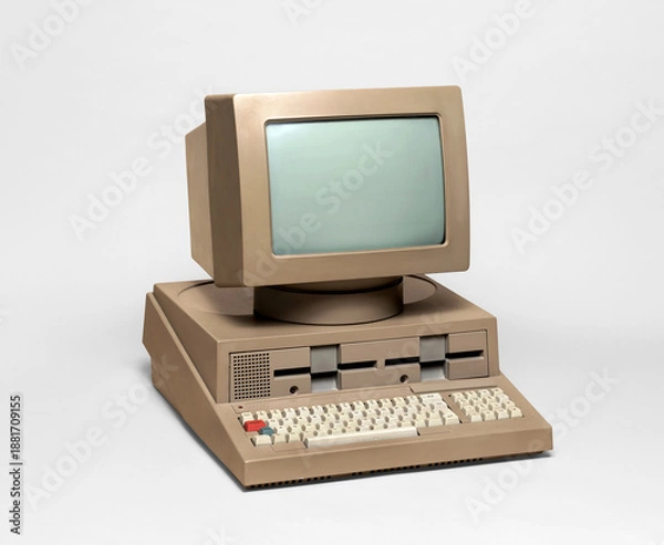 Fototapeta Old beige personal computer representing vintage computing technology on a white background