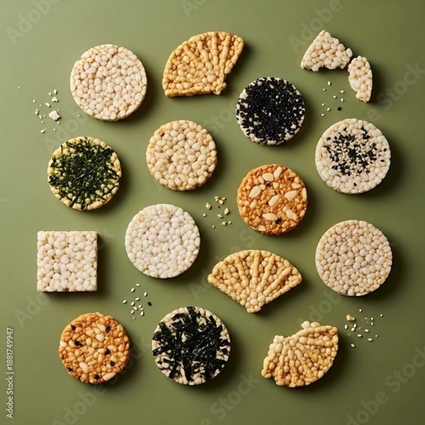 Obraz Assorted crunchy rice cakes selection on a green surface, studio shot