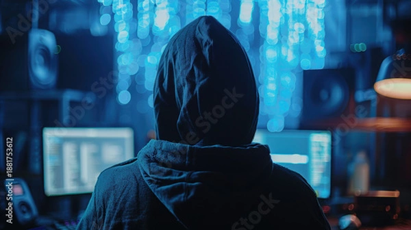 Fototapeta Anonymous Hacker Working on Computer in Dark Cybersecurity Environment