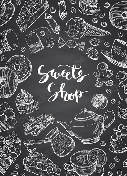 Fototapeta Vector hand drawn contoured sweets on chalkboard poster illustration with place for text