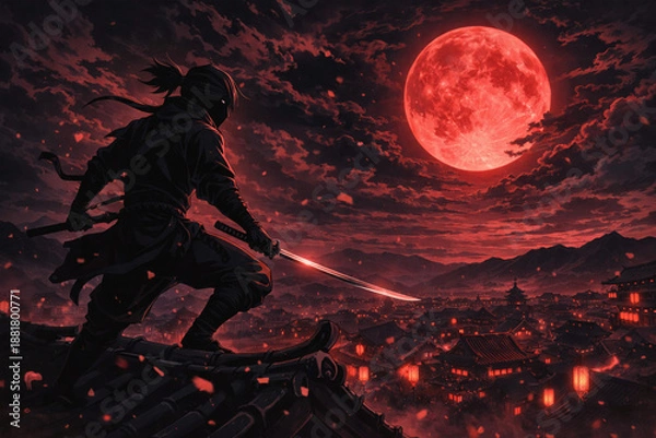 Fototapeta 血月に佇む影忍
