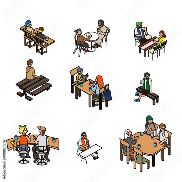 Obraz テーブルやベンチで座って過ごす人々の休憩・会話シーンのイラスト素材セット