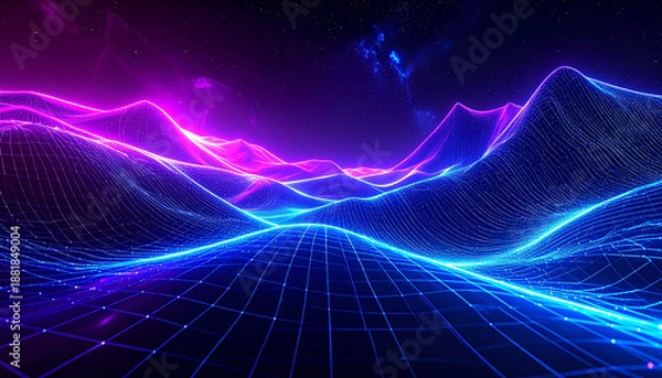 Obraz 紫とブルーのグラデーション空間に浮かぶネオン山脈背景