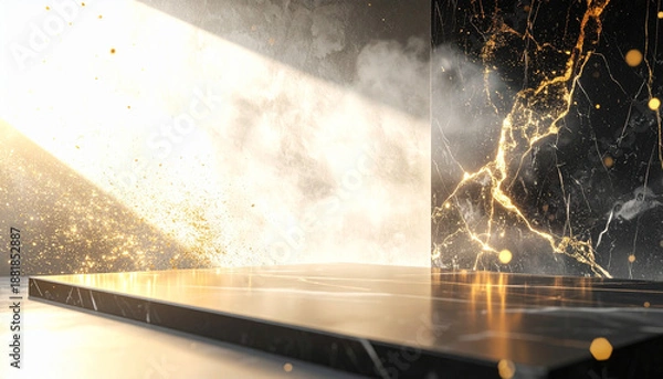 Obraz 煙と金色の粒子が舞う明るい光の中の黒大理石ステージ