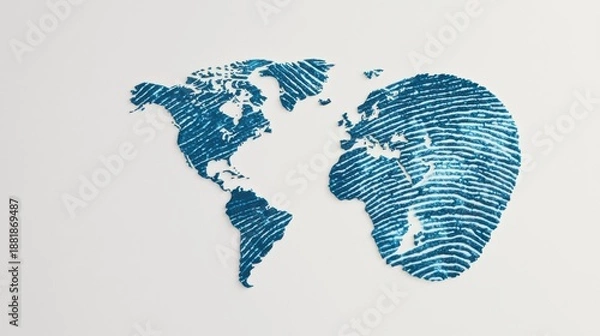 Obraz A stylized world map created using blue fingerprint patterns, symbolizing identity and global connectivity.