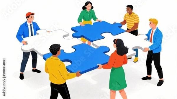 Obraz people assembling large puzzle pieces