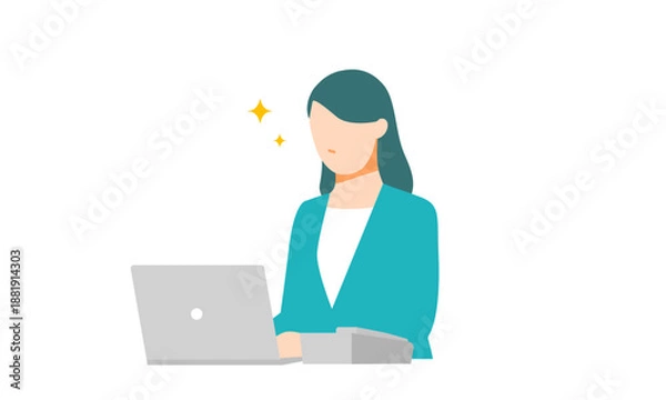 Obraz ノートパソコンと電話のあるデスクで仕事が捗るビジネスウーマンのイラスト。フラットデザイン。