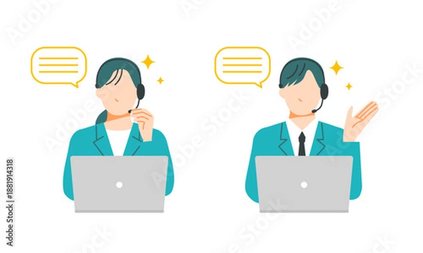 Obraz ヘッドセットをしたコールセンターの男女がいきいきとした表情のイラスト。フラットデザイン。