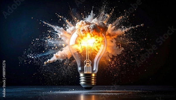 Obraz An exploding light bulb against a dark background, showcasing creativity and innovation in a dramatic way. concept