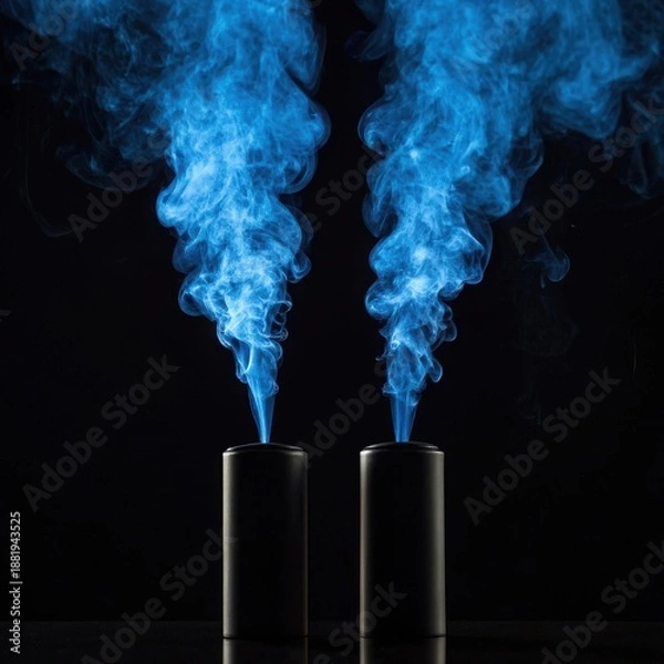 Obraz Two dark cylindrical objects emit vibrant blue flames reaching upward in dramatic display
