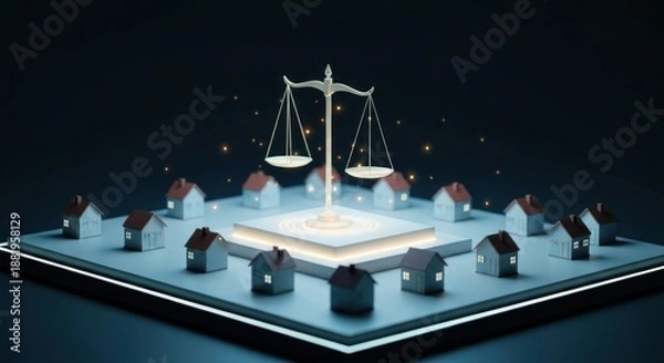 Obraz Tiny houses surround a balanced scale