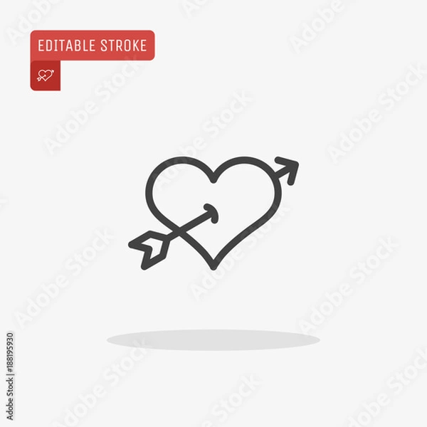 Obraz Outline heart with Cupid arrow icon isolated on grey background. Line love pictogram. Amour sign. Valentines day symbol for website design, logo, ui. Editable stroke. Vector illustration. Eps10.