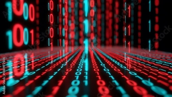 Obraz Binary code stream and big data processing. Cyber security and digital encryption. Red and blue glowing numbers flowing through a dark virtual space in a futuristic software environment