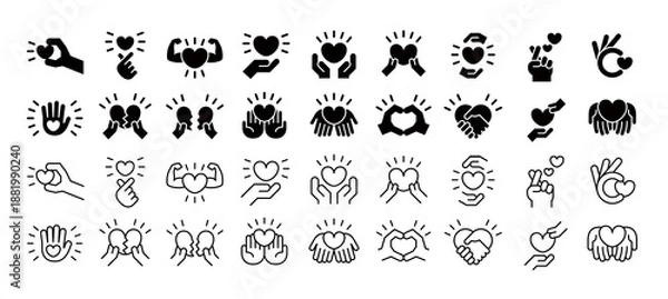 Fototapeta ハートと手のモノクロアイコンセット,恋愛や結婚、バレンタイン、チャリティーイベントのアイコン