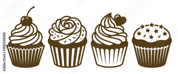 Obraz Vector design featuring four cupcakes with different toppings, decorations, and liners.