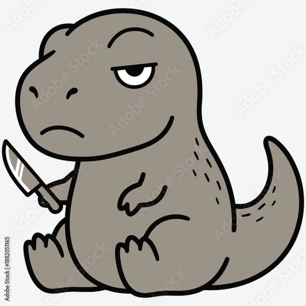 Obraz Cute Grumpy T‑Rex With Knife – Minimal Flat Vector Cartoon