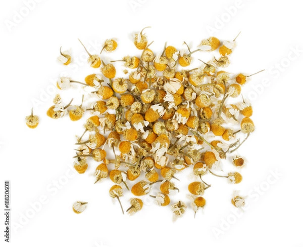 Obraz Dried chamomile flowers isolated on white background, top view.