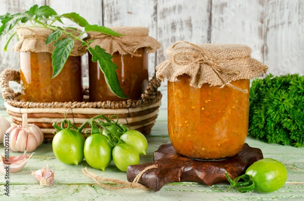 Fototapeta Caviar made from green tomatoes with carrots, onions and garlic