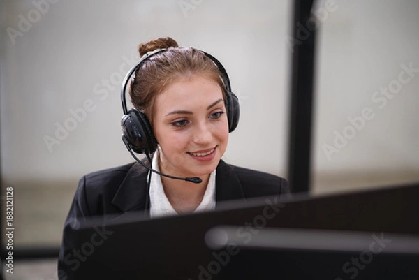 Obraz Smiling customer support representative wearing a headset while working on a computer in a modern office environment.