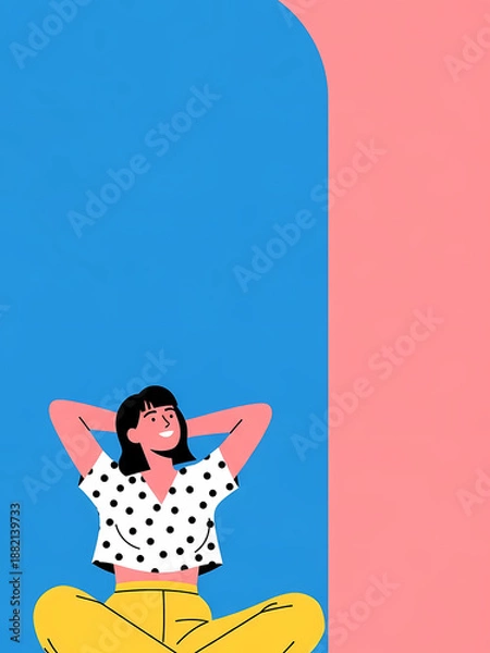 Obraz 明るい背景の上の女性が座ってリラックスして微笑んでいます