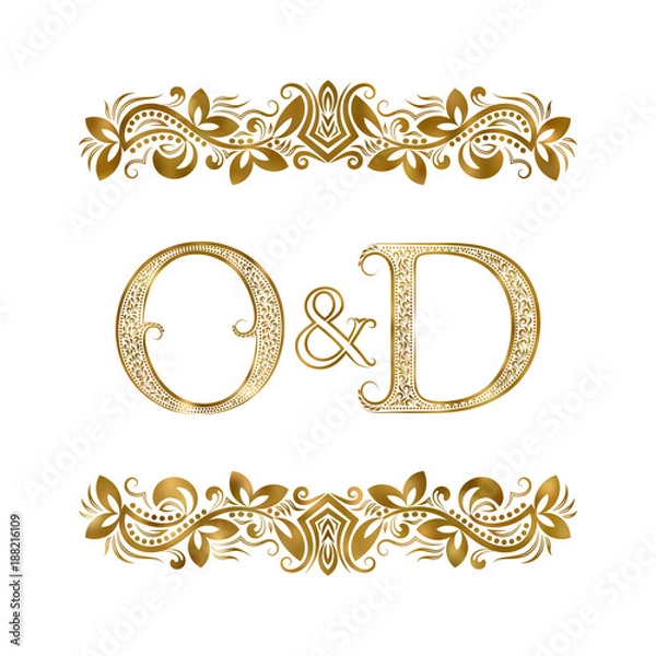 Fototapeta O and D vintage initials logo symbol. The letters are surrounded by ornamental elements. Wedding or business partners monogram in royal style.