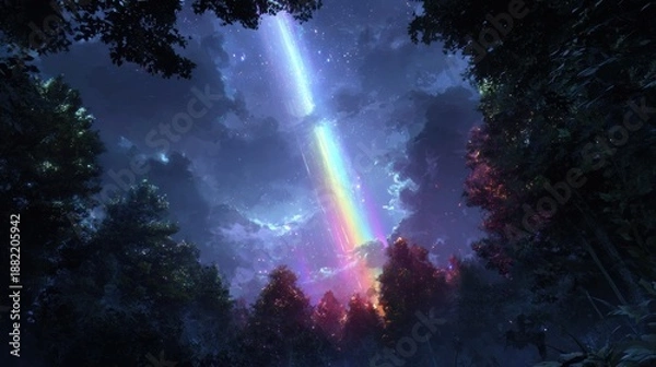 Obraz Dramatic rainbow illuminates forest scene with dark trees and starry sky