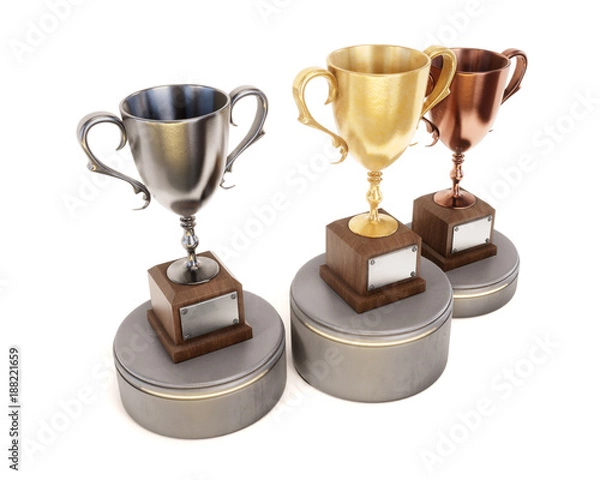 Fototapeta Three Cup winners on the podium isolated on white background. 3d rendering.
