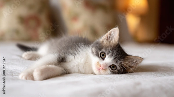 Obraz Kitten resting on soft textile with curious expression