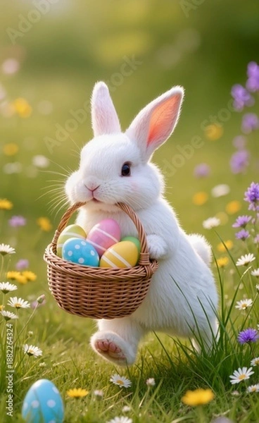 Obraz Cute Easter bunny and Easter eggs on a light background