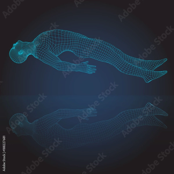 Obraz 3D wire frame human body.Horizontal lying levitation figure