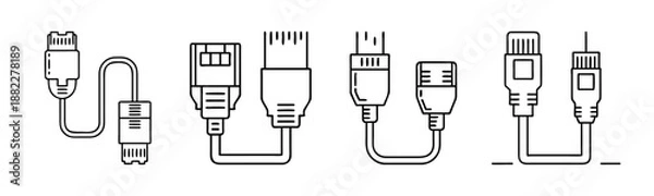 Obraz Essential data and multimedia cable connectors line art icon set for tech