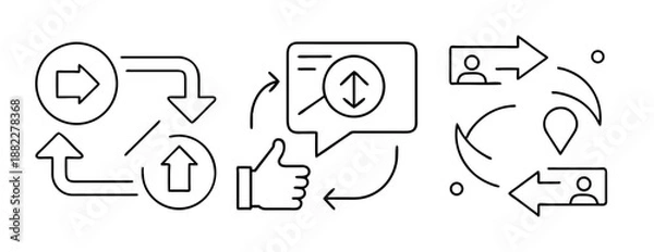 Obraz Digital process icons: data flow, user feedback, search, and navigation element.