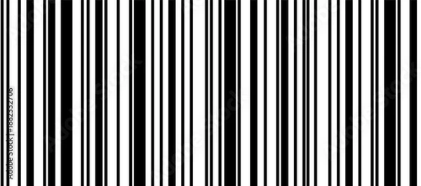 Obraz Black and white bar code seamless pattern. Monochrome binary background with irregular thin and thick vertical lines, abstract 2‑bit texture, simple vector illustration for tech design and packaging