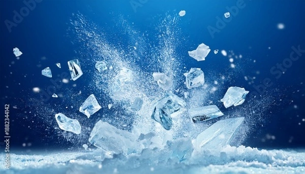 Obraz Exploding Ice Fragments On Blue Background With Cold Snowy Effect
