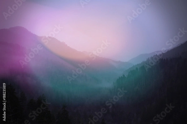 Obraz Colorful Sunlight Blurs of Pink and Green Landscape Photo of Smokey Mountains