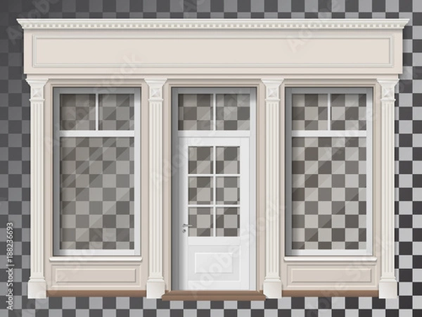 Fototapeta Traditional small shop facade with large window and columns. Front view.  Showcase with transparent glass, easily change exhibition.