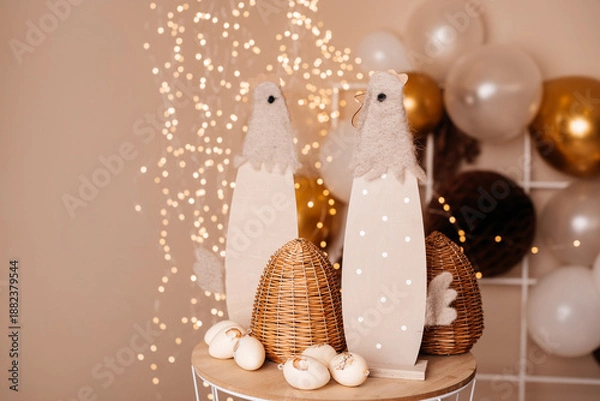 Obraz Easter Chick Figures with Wicker Eggs