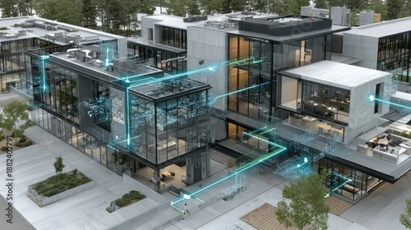 Obraz Modern smart building architecture with glowing blue network visualization overlaid