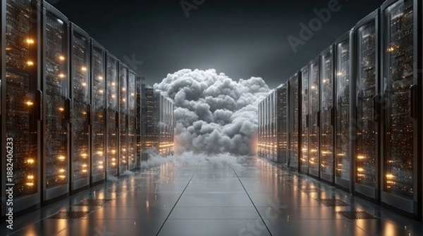 Obraz Futuristic data center with cloud computing concept and glowing servers creating an ethereal