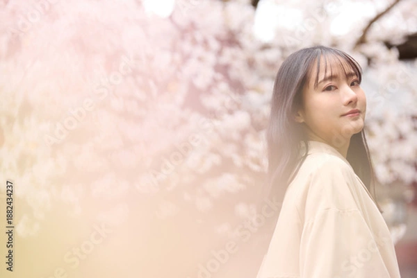 Obraz 花見をする若いアジアの女性のポートレート