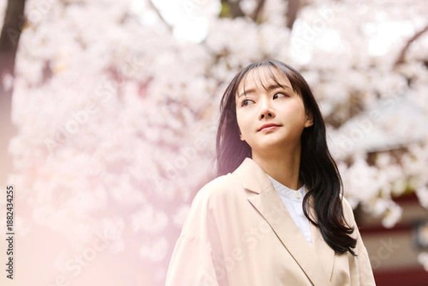 Obraz 花見をする若いアジアの女性のポートレート