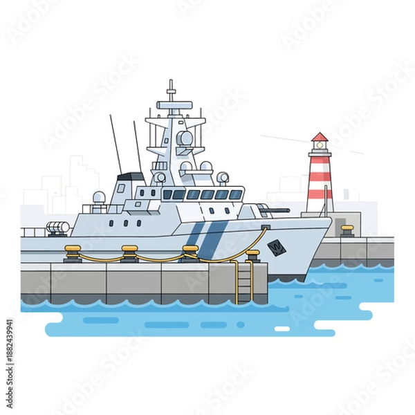 Obraz Ship docked at harbor with lighthouse in background